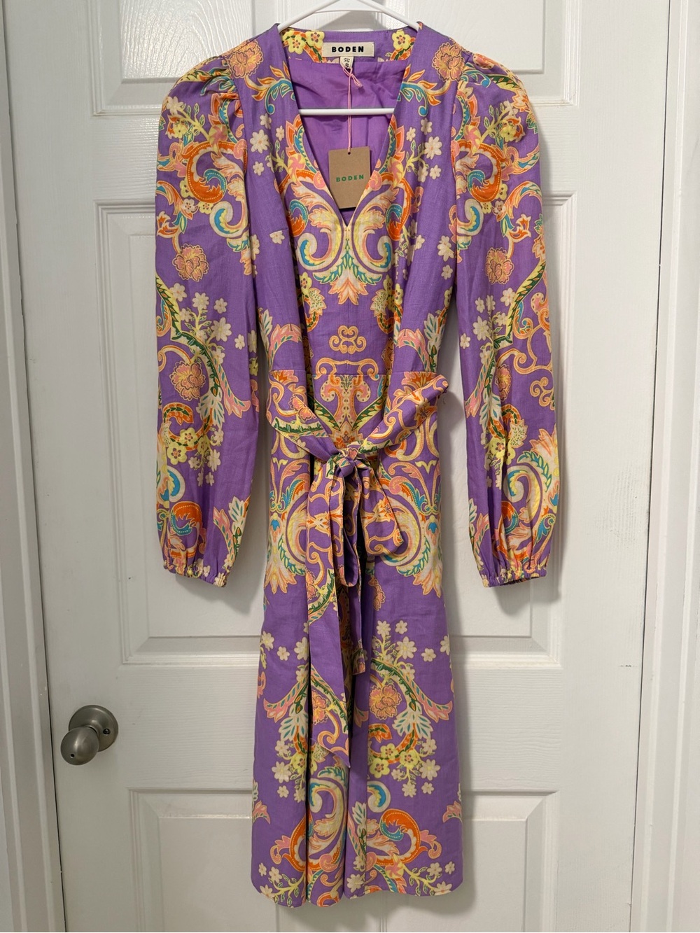 Boden Purple Floral Paisley Dress with Tie Waist